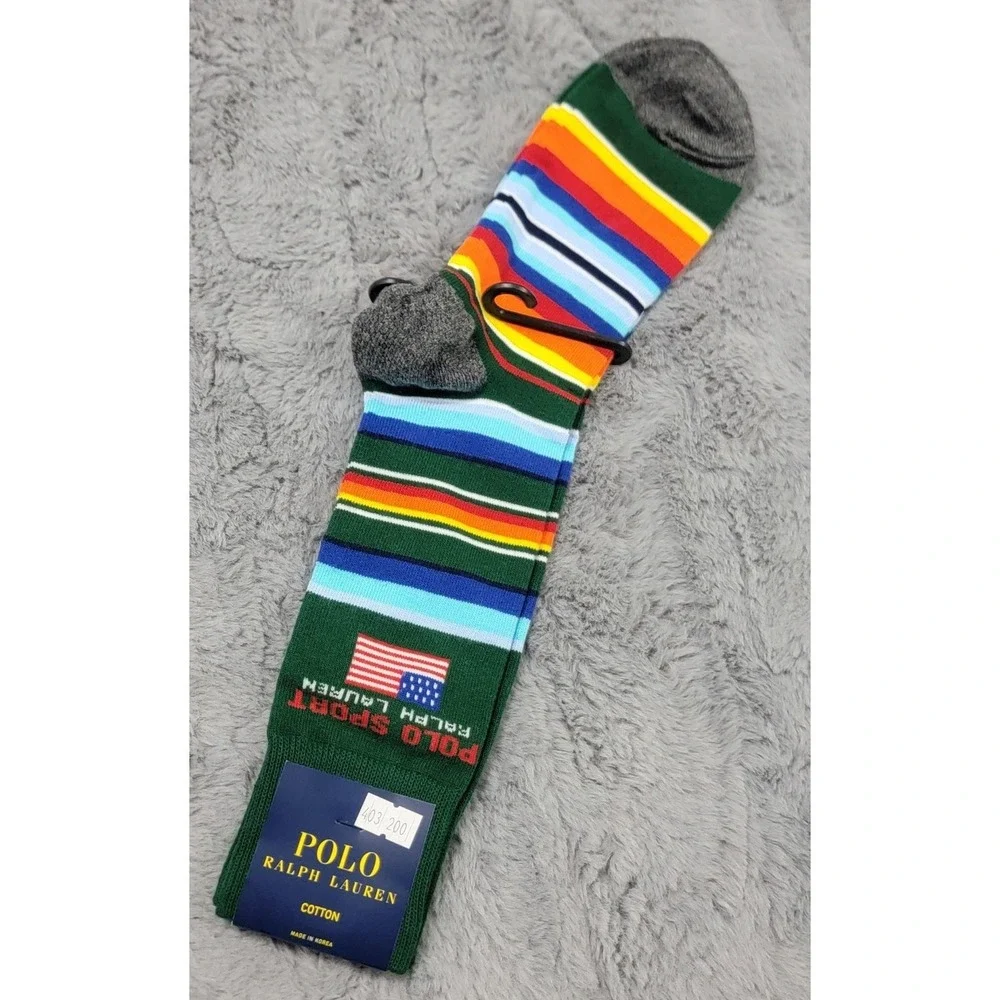 Polo Ralph Lauren Socks Mens 10-13 Green Multi Stripe Polo Sport USA Flag Crew